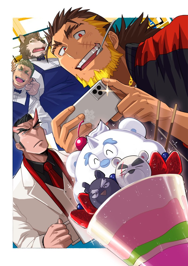 4boys, absol_(dkqthf), animal_ears, another_eidos-r, apron, asymmetrical_hair, beard, billford_(another_eidos)