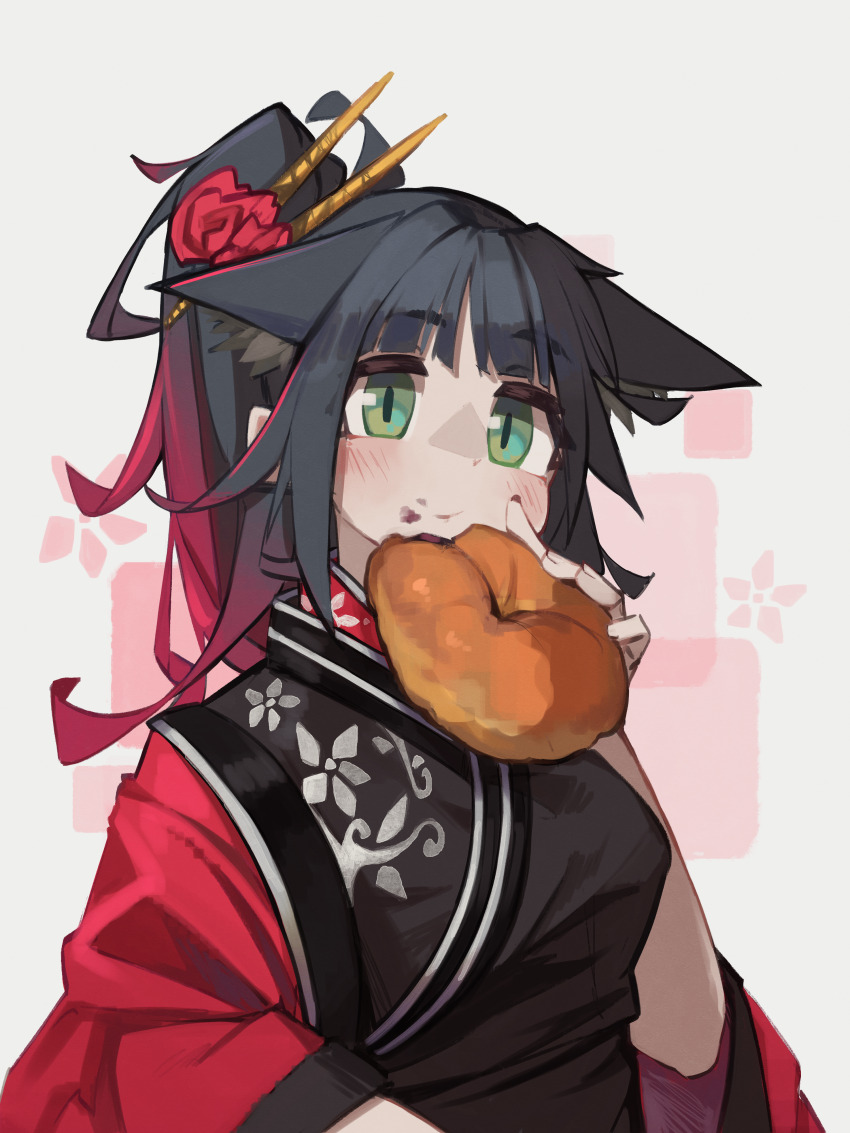 1girl, absurdres, animal_ears, arknights, black_dress, black_hair, bread, cat_ears, dress, eating, flower, food, food_on_face, green_eyes, hair_flower, hair_ornament, highres, holding, holding_food, japanese_clothes, jessica_(arknights), jessica_(clivia)_(arknights), looking_at_viewer, multicolored_hair, official_alternate_costume, pink_hair, ponytail, solo, streaked_hair, togekk0, upper_body, white_background