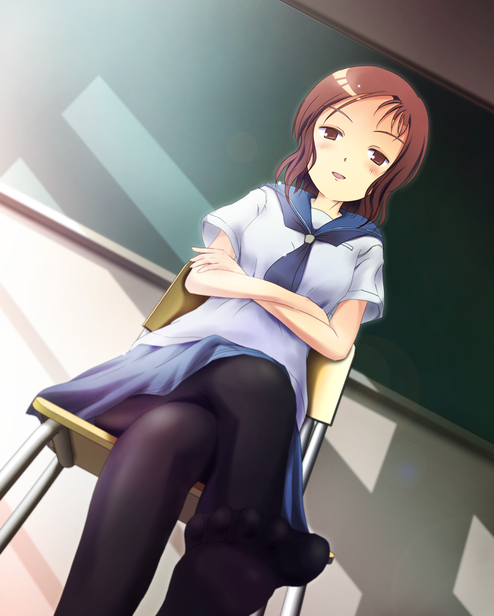 black_pantyhose, chair, chalkboard, kamo_(rsrk), looking_down, pantyhose, red_hair, saki_(manga)