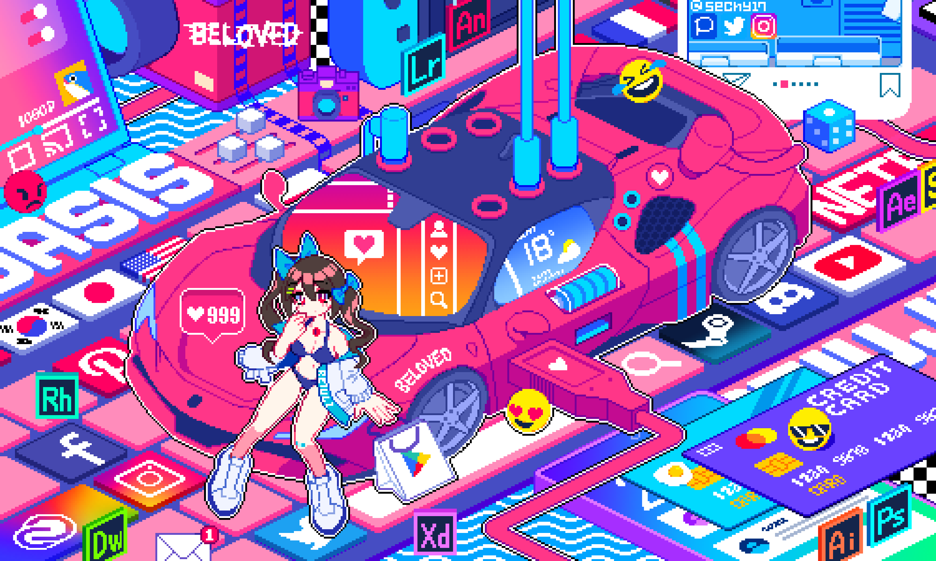 1girl, adobe, adobe_after_effects, adobe_animate, adobe_dreamweaver, adobe_illustrator, adobe_lightroom, adobe_photoshop, adobe_robohelp, adobe_spark, alternate_costume, american_flag, bikini, blue_bikini, blue_bow, blush, bow, breasts, bright_pupils, brown_hair, car, cellphone, cellphone_app, cleavage, closed_mouth, credit_card, discord, discord_logo, emoticon, expressionless, facebook, facebook_logo, french_flag, full_body, google, google_play, hair_between_eyes, hair_bow, hair_ribbon, heart, highres, instagram, iphone, jacket, japanese_flag, large_breasts, long_bangs, long_hair, looking_at_viewer, motor_vehicle, navel, nintendo_switch, missing_wings, on_car, open_clothes, open_jacket, phone, pinterest, pinterest_logo, pixel_art, pixiv, polish_flag, red_eyes, reiuji_utsuho, revision, ribbon, sechy, shoes, sitting, smartphone, sneakers, solo, south_korean_flag, spoken_heart, sports_car, steam_(platform), swimsuit, touhou, twintails, twitter, twitter_username, usb, usb_hub, white_pupils, white_shoes, wide_shot, wire, youtube, youtube_logo