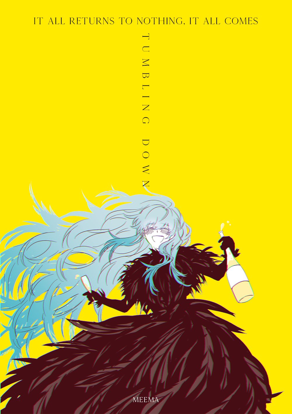 1girl, alcohol, angela_(project_moon), artist_name, black_dress, black_feathers, black_gloves, blush