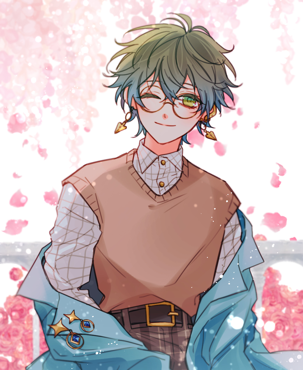 1boy, blue_hair, blue_jacket, blurry, blurry_background, brown_pants, brown_sweater_vest, buchohansom, cherry_blossoms, closed_mouth, earrings, glasses, gradient_hair, green_eyes, green_hair, hair_between_eyes, highres, ike_eveland, jacket, jewelry, long_sleeves, looking_at_viewer, male_focus, multicolored_hair, nijisanji, nijisanji_en, off_shoulder, one_eye_closed, open_clothes, open_jacket, pants, plaid_clothes, plaid_pants, shirt, smile, solo, sweater_vest, upper_body, virtual_youtuber, white_background, white_shirt