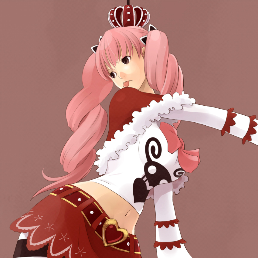 1girl, :p, akihiro_(a2), bad_id, bad_pixiv_id, belt, brown_eyes, capelet, crown, female_focus, highres, long_hair, long_sleeves, midriff, navel, one_piece, pantyhose, perona, pink_hair, red_crown, red_skirt, skirt, solo, striped_clothes, striped_pantyhose, tongue, tongue_out, twintails