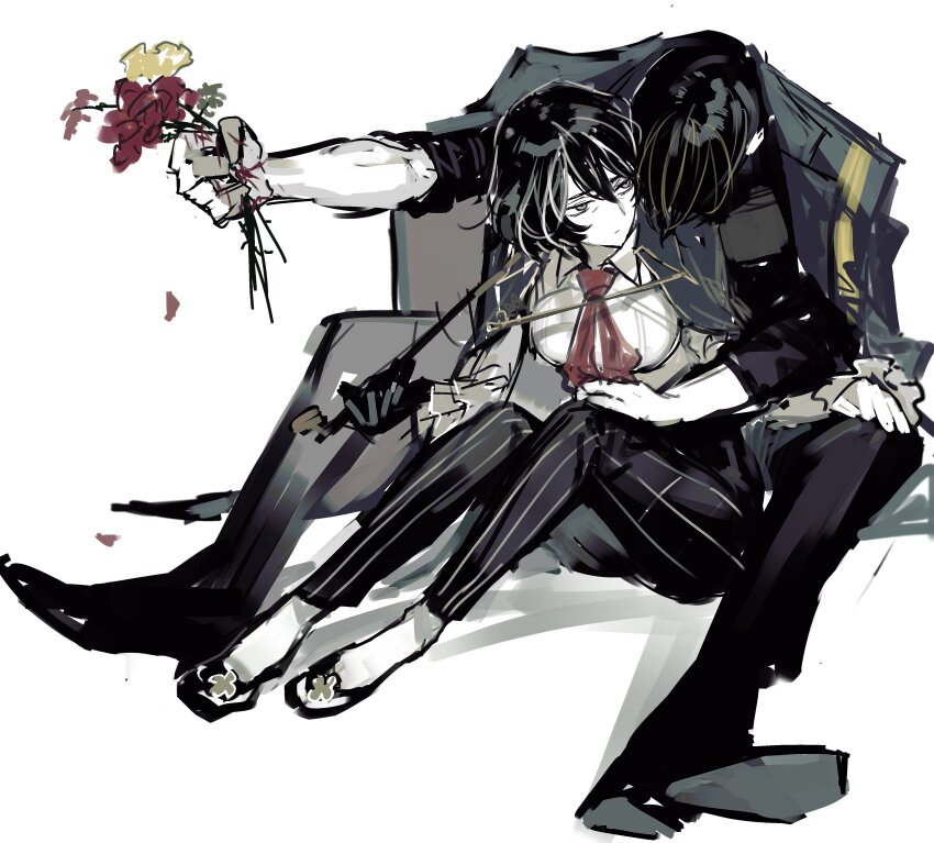 1boy, 1girl, absurdres, ascot, between_legs, black_footwear, black_gloves, black_pants