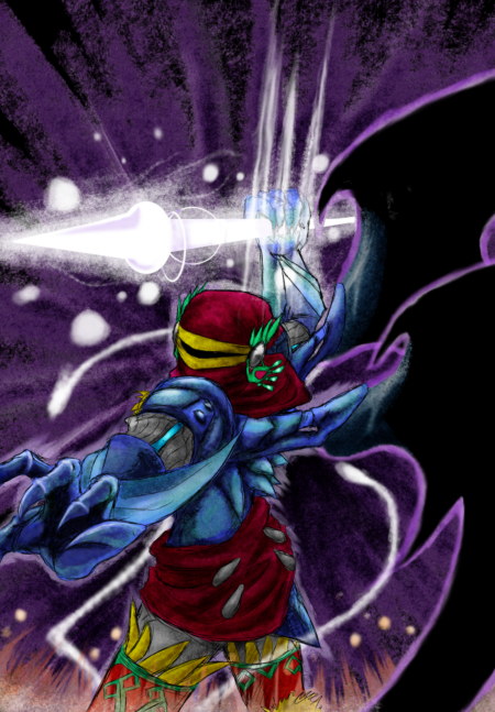 androgynous, bat_wings, baten_kaitos, claws, cyborg, gender_request, guillo, jewelry, mask, polearm, puppet, solo, spear, weapon, wings