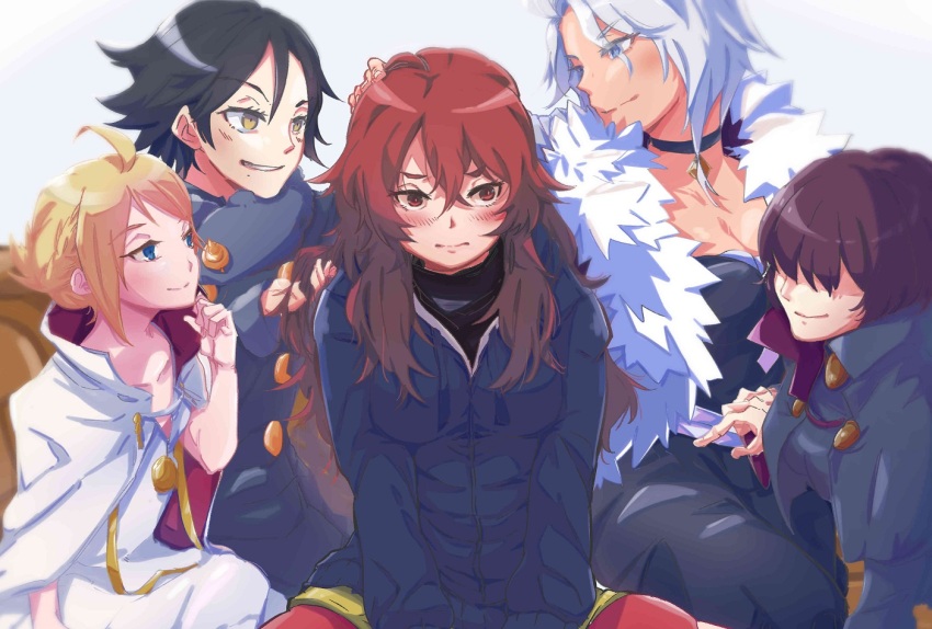 5girls, black_choker, black_hair, black_jacket, blonde_hair, blue_eyes, blush, breasts, choker, clarithtear_hightower, cleavage, commentary, galleria_no_chika_meikyuu_to_majo_no_ryodan, hair_over_eyes, hand_on_another's_head, harem, jacket, karakuzu_red, kitkat_(majo_no_ryodan), large_breasts, long_hair, medium_breasts, multiple_girls, natyl_colbert, pendant_choker, playing_with_another's_hair, red_eyes, red_hair, robe, short_hair, smile, stole, transet_four.g_zillda, ur_(majo_no_ryodan), white_hair, white_robe, yellow_eyes