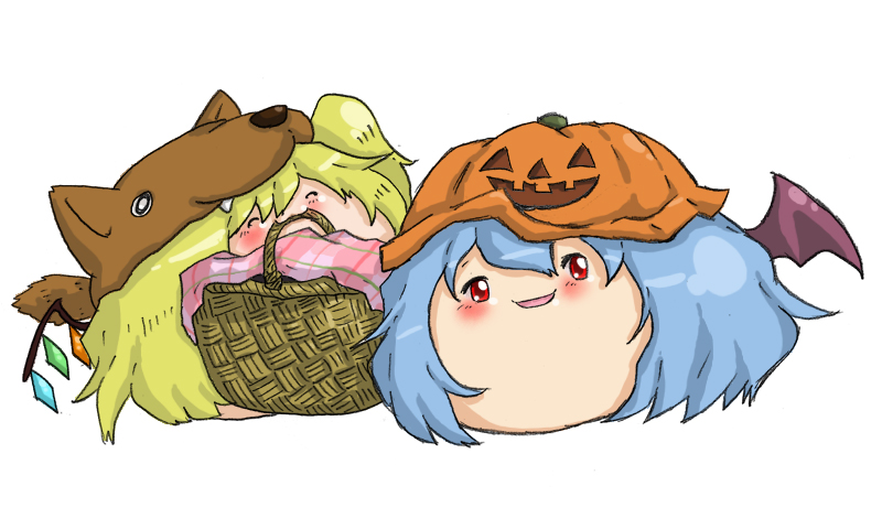 aby, basket, bat_wings, female_focus, flandre_scarlet, halloween, jack-o'-lantern, no_humans