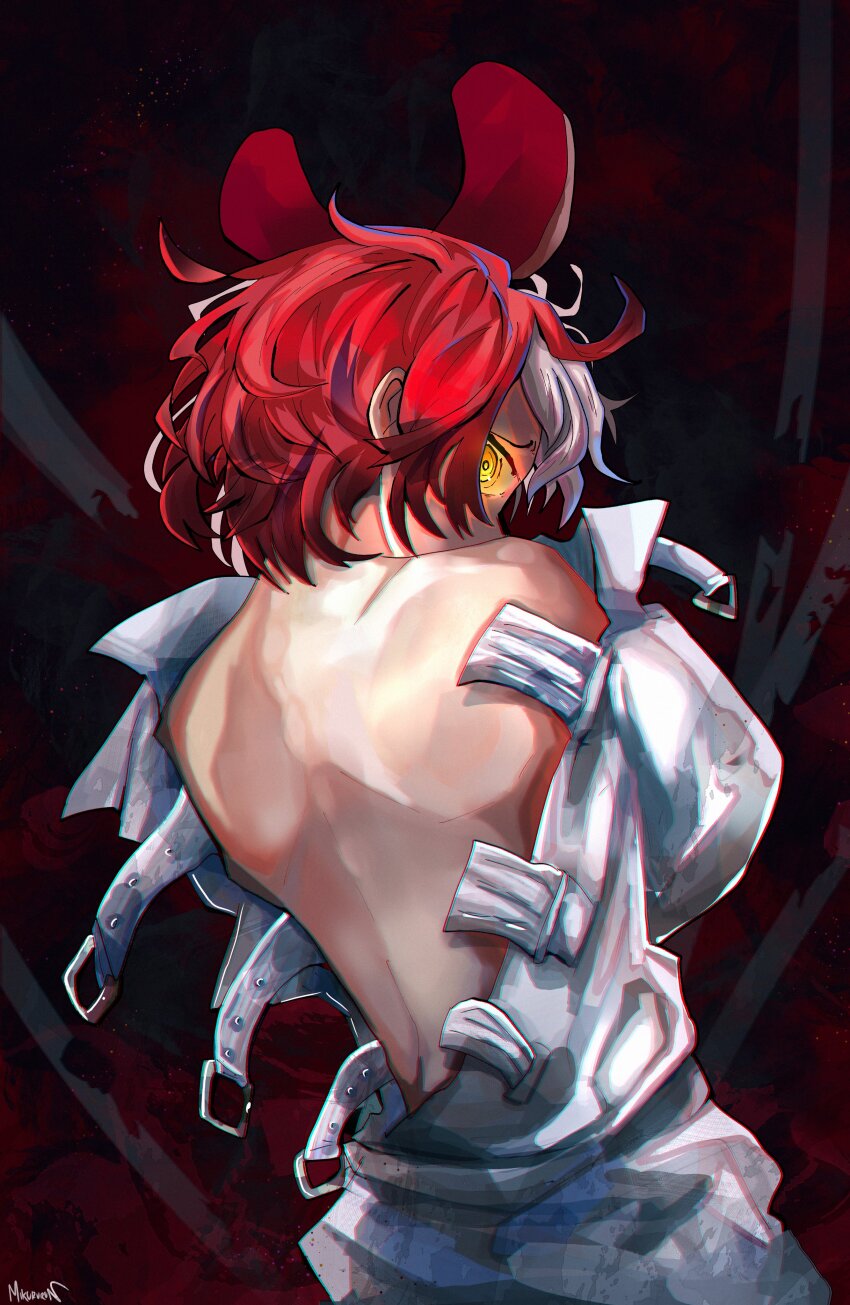 1girl, absurdres, animal_ears, artist_name, bare_back, bare_shoulders, belt_buckle, black_background