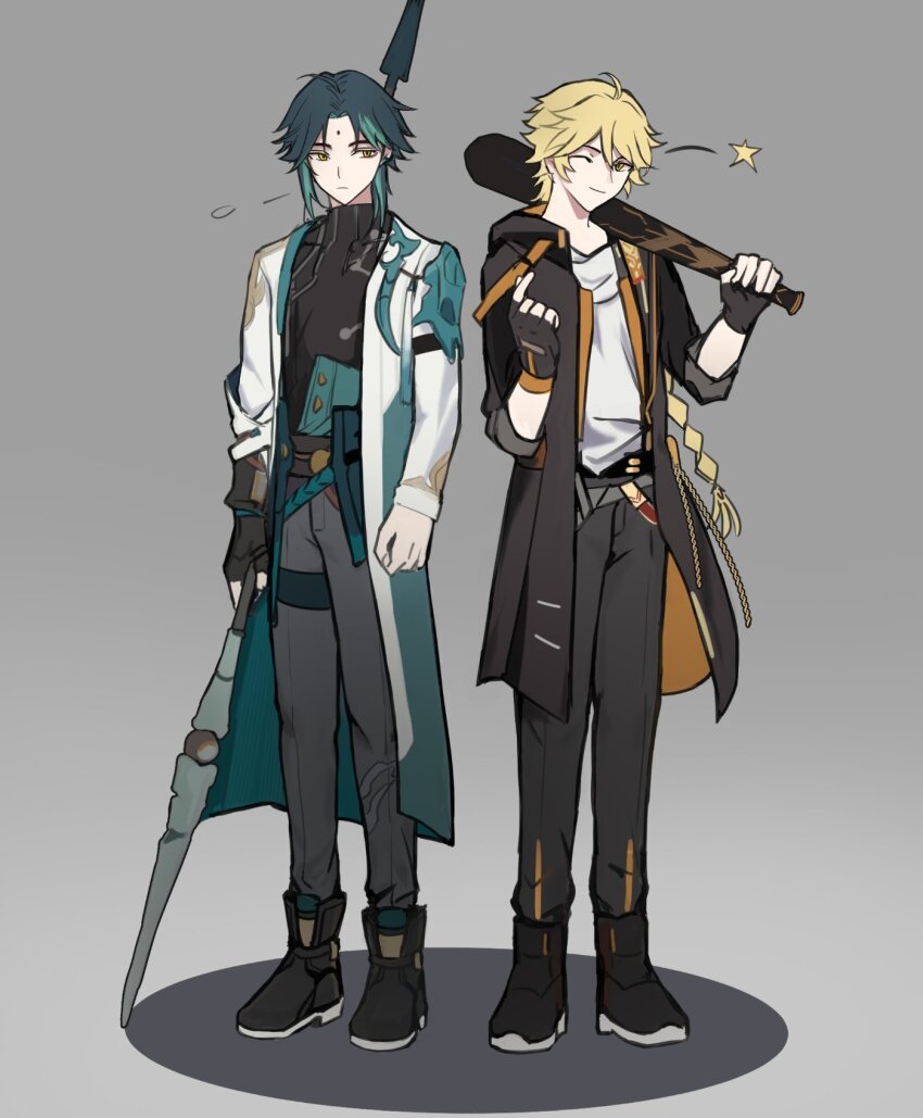 2boys, aether_(genshin_impact), ahoge, belt, black_belt, black_coat, black_footwear, black_gloves