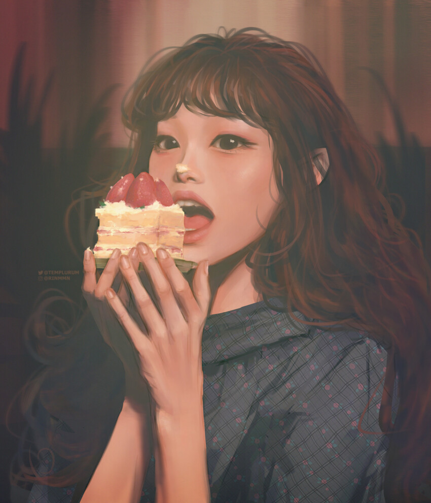 1girl, black_eyes, brown_hair, cake, chuu_(loona), commentary, cream, cream_on_face