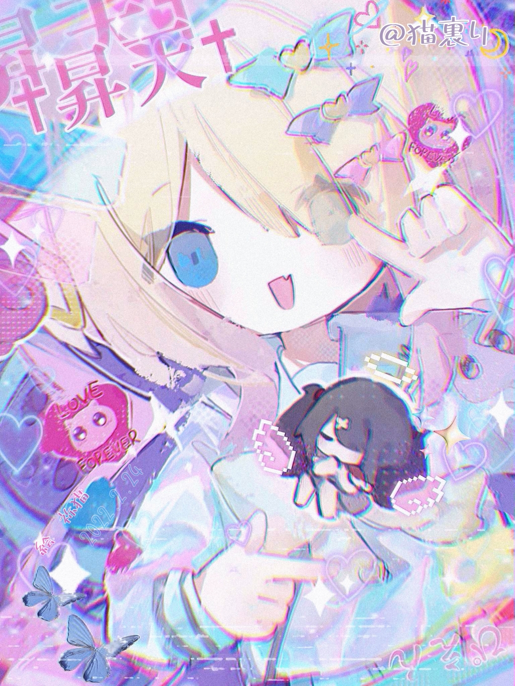 ame-chan_(needy_girl_overdose), black_hair, blue_bow, blue_eyes, blurry, blush, bow, bug, butterfly, chibi, chouzetsusaikawa_tenshi-chan, closed_eyes, fang, glitch, hair_bow, hair_over_one_eye, highres, insect, long_hair, long_sleeves, looking_at_viewer, multicolored_hair, needy_girl_overdose, nekoriry_nya, open_mouth, pink_bow, pointing, pointing_up, purple_bow, quad_tails, sailor_collar, school_uniform, serafuku, skin_fang, skirt, smile, solo, sparkle, twintails, twitter_username