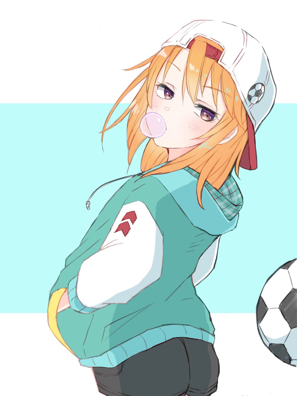 1girl, backwards_hat, ball, baseball_cap, blowing_bubble_gum, blowing_bubbles, blush, brown_eyes