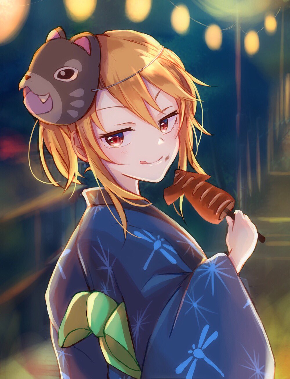 1girl, :q, blue_kimono, brown_eyes, commentary_request, festival, food, highres