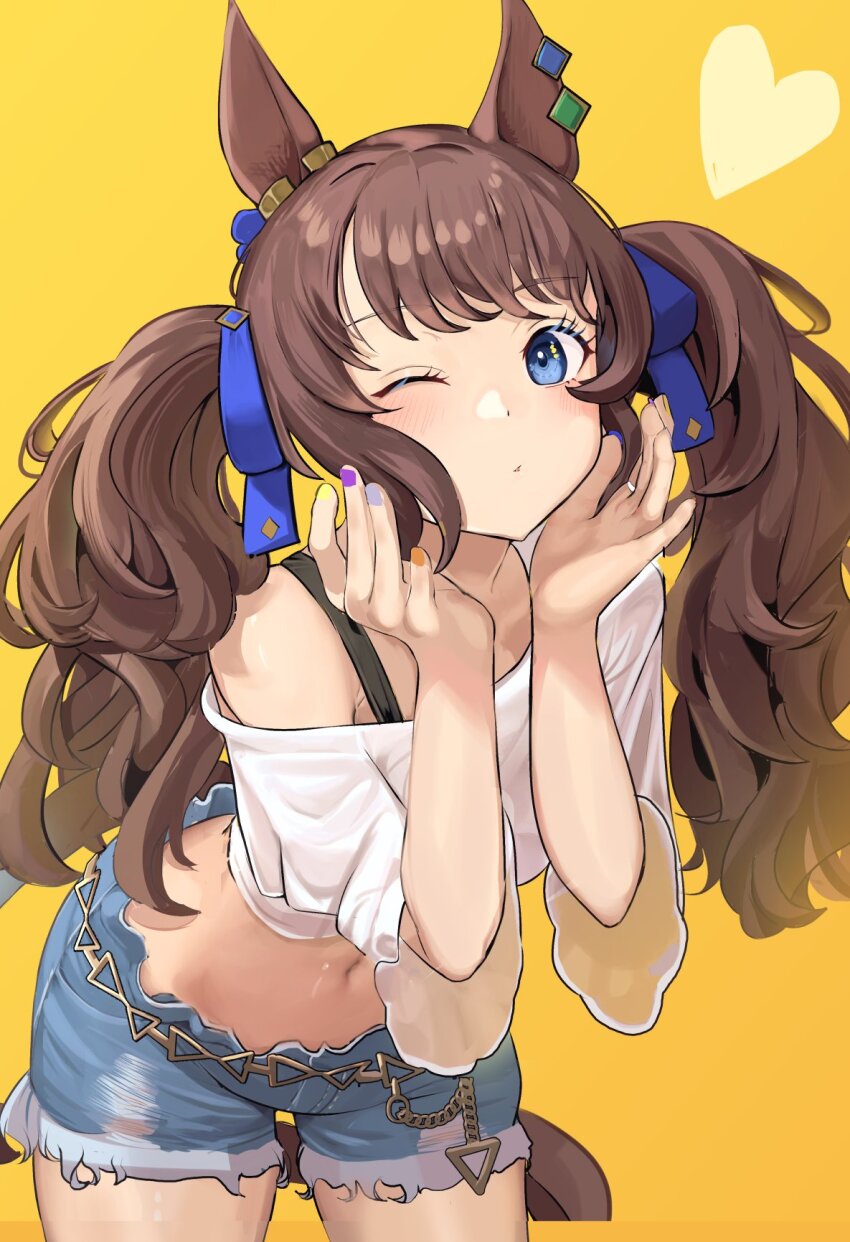 1girl, animal_ears, blue_eyes, blue_shorts, blush, brown_hair, closed_mouth, commentary_request