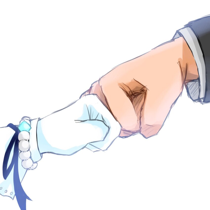 1boy, 1girl, bracelet, clenched_hand, close-up, commentary_request, fist_bump, gloves