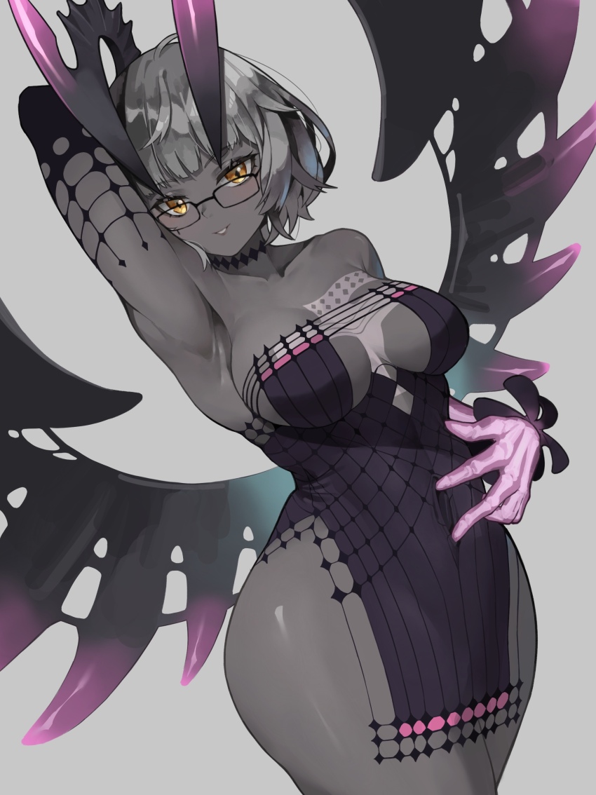 1girl, absurdres, arm_up, armpits, bare_shoulders, black-framed_eyewear, black_choker, black_dress, black_horns, black_sleeves, black_wings, breasts, choker, cleavage, colored_skin, commentary, cowboy_shot, demon_girl, demon_horns, demon_wings, detached_sleeves, dress, fate/grand_order, fate_(series), fromgod_jungle, glasses, glowing, glowing_hand, grey_background, grey_hair, grey_skin, highres, horns, jacques_de_molay_(foreigner)_(fate), jacques_de_molay_(foreigner)_(third_ascension)_(fate), large_breasts, light_blush, looking_at_viewer, off-shoulder_dress, off_shoulder, parted_lips, pelvic_curtain, presenting_armpit, short_dress, short_hair, simple_background, smile, solo, spread_navel, teeth, thighs, wings, yellow_eyes