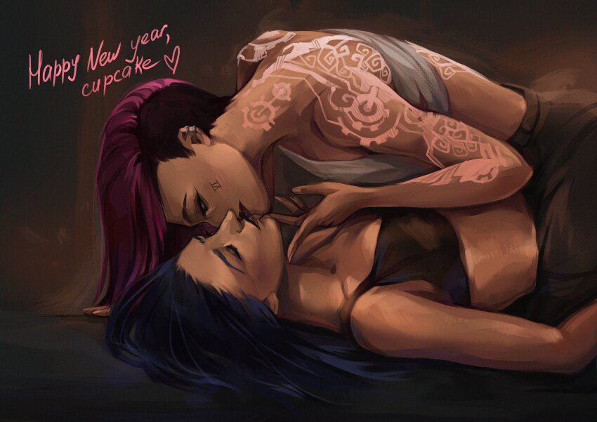 2girls, absurdres, arcane:_league_of_legends, arcane_caitlyn, arcane_vi, asymmetrical_hair, blue_hair, bra, caitlyn_(league_of_legends), ear_piercing, evaline_art, happy_new_year, highres, imminent_kiss, league_of_legends, multiple_girls, new_year, parted_lips, piercing, pink_hair, sidecut, undercut, underwear, vi_(league_of_legends), yuri