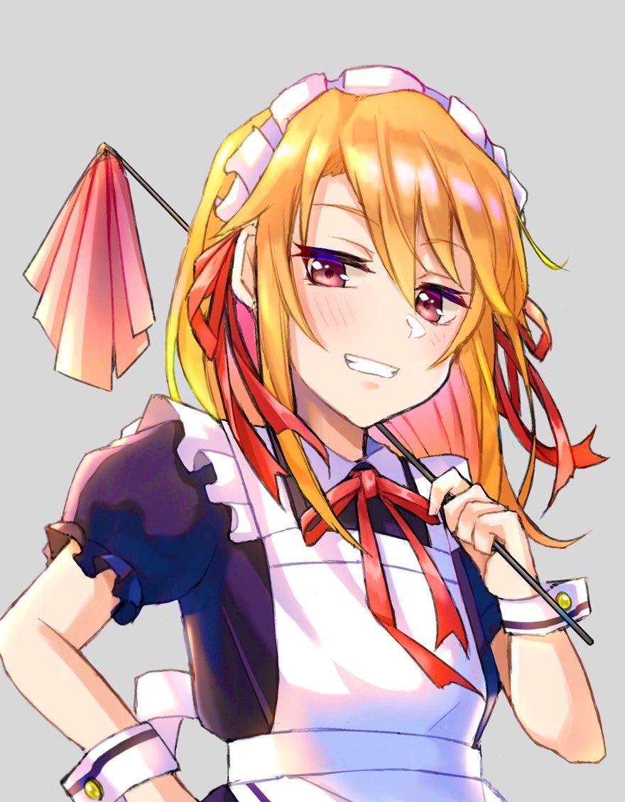 1girl, apron, black_dress, blush, commentary_request, dress, duster, grey_background