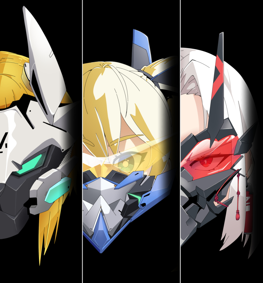 3girls, black_background, blonde_hair, blue_eyes, column_lineup, drake_(nikke), earrings, goddess_of_victory:_nikke, headgear, highres, jewelry, joeboto, laplace_(nikke), mask, matis_(nikke), maxwell_(mechanic_white)_(nikke), maxwell_(nikke), medium_hair, multiple_girls, orange_hair, portrait, red_eyes, visor, white_hair