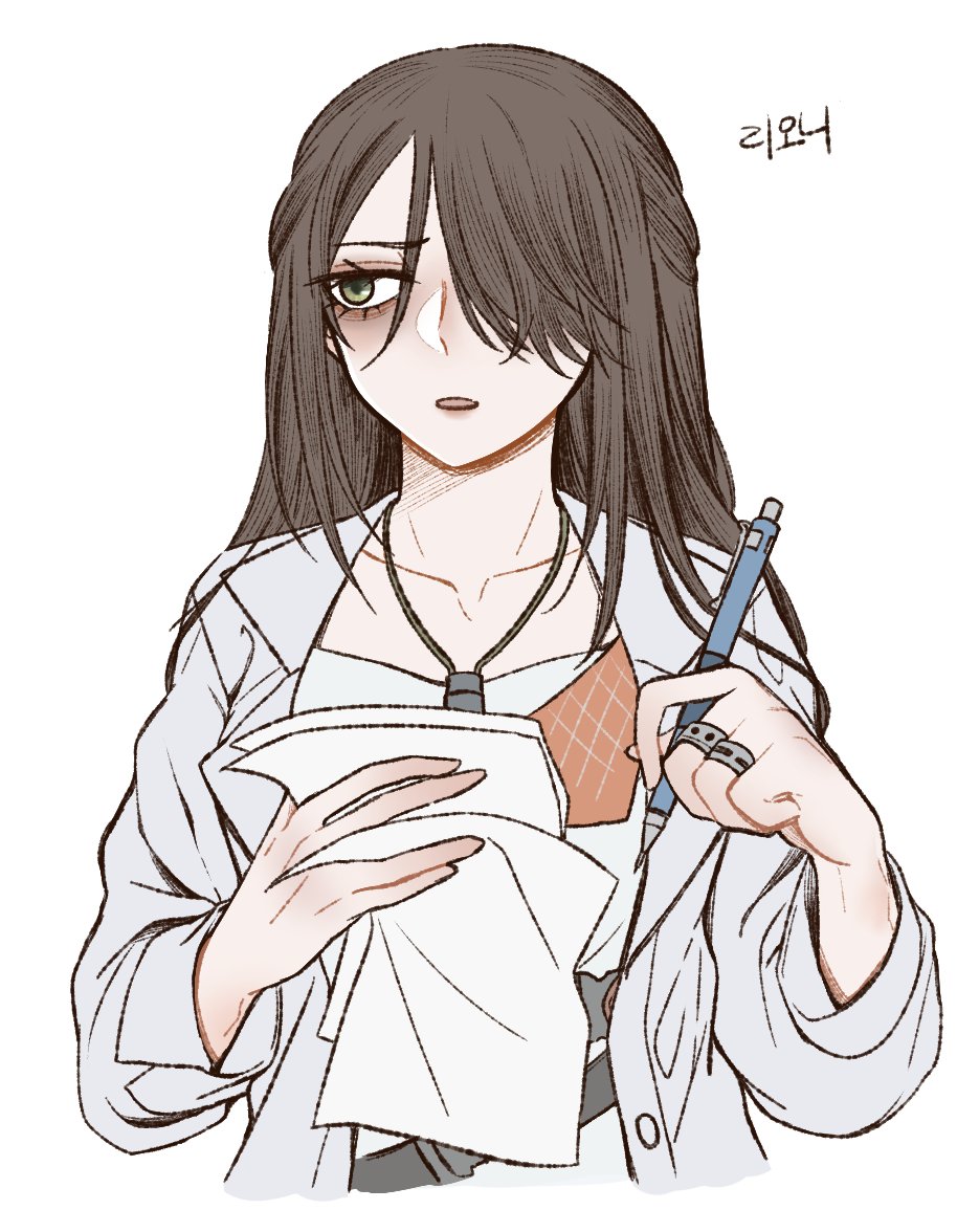 1girl, corpse_inworld, brown_hair, girls'_frontline, green_eyes, leone_(girls'_frontline), mask, paper