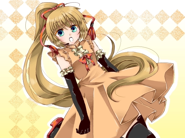 1girl, aqua_eyes, bad_id, bad_pixiv_id, bow, brown_hair, dress, elbow_gloves