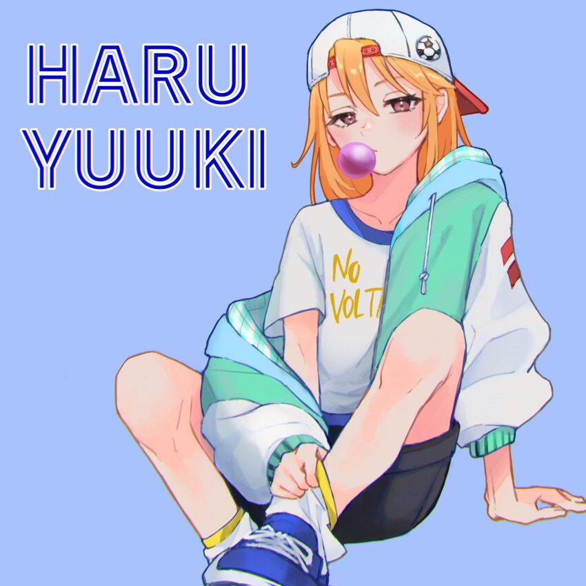 1girl, backwards_hat, baseball_cap, black_shorts, blowing_bubble_gum, blowing_bubbles, blue_background, brown_eyes