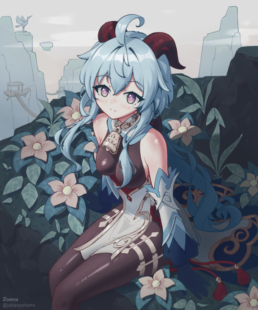 1girl, absurdres, ahoge, bell, black_bodysuit, black_gloves, blue_hair, bodysuit