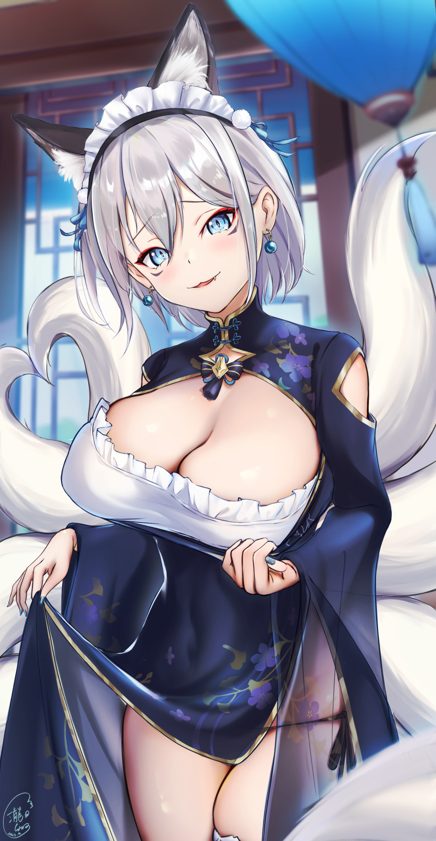 1girl, :3, absurdres, animal_ear_fluff, animal_ears, black_panties, blue_dress, blue_eyes