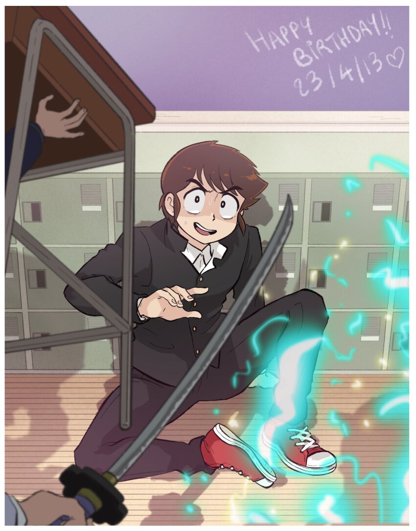 2boys, 2girls, duck_etc, electricity, happy_birthday, highres, lum, mendou_shuutarou