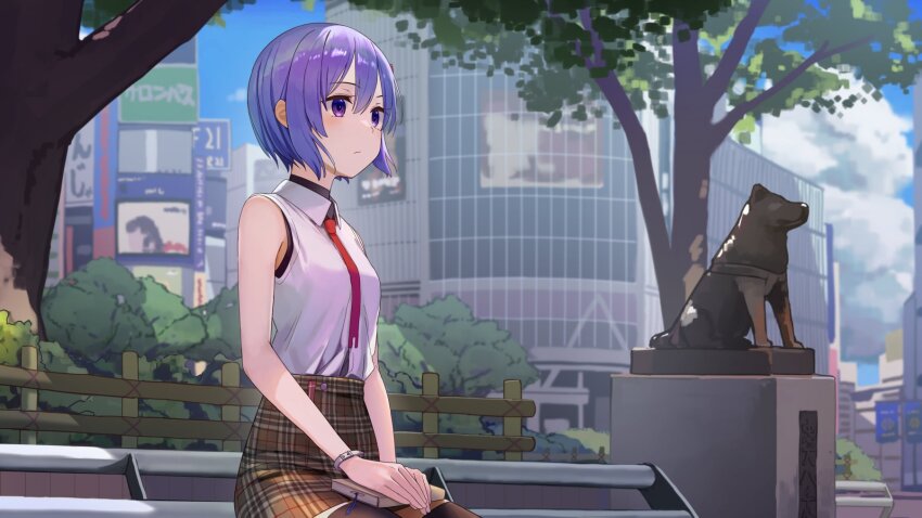 1girl, a.i._voice, alternate_costume, bamboo_fence, black_thighhighs, blue_sky, blurry, blurry_background