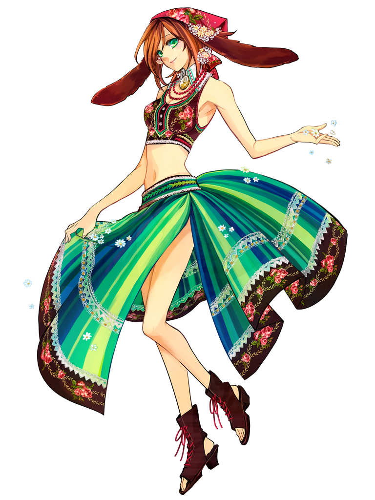 1girl, animal_ears, bandana, breasts, brown_hair, dairoku_ryouhei, dog_ears, full_body, green_eyes, green_skirt, jewelry, medium_hair, midriff, mizuki_itose, navel, necklace, red_bandana, skirt, small_breasts, smile, solo, toeless_footwear, tosuka_beryl, transparent_background