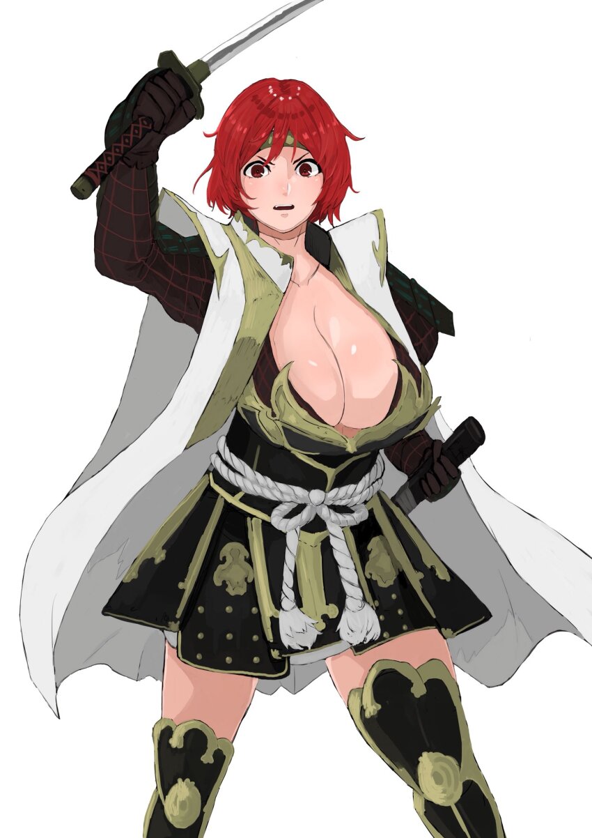 1girl, armor, black_dress, breasts, cleavage, commentary_request, commission, cosplay, dress, headband, highres, holding, holding_sword, holding_weapon, horikawa_raiko, japanese_clothes, kataginu, katana, large_breasts, looking_at_viewer, nagano_narimasa, nagano_narimasa_(cosplay), open_mouth, red_eyes, red_hair, rope, samurai, solo, sword, touhou, v-shaped_eyebrows, weapon, yatsu_(yaxtu1029)