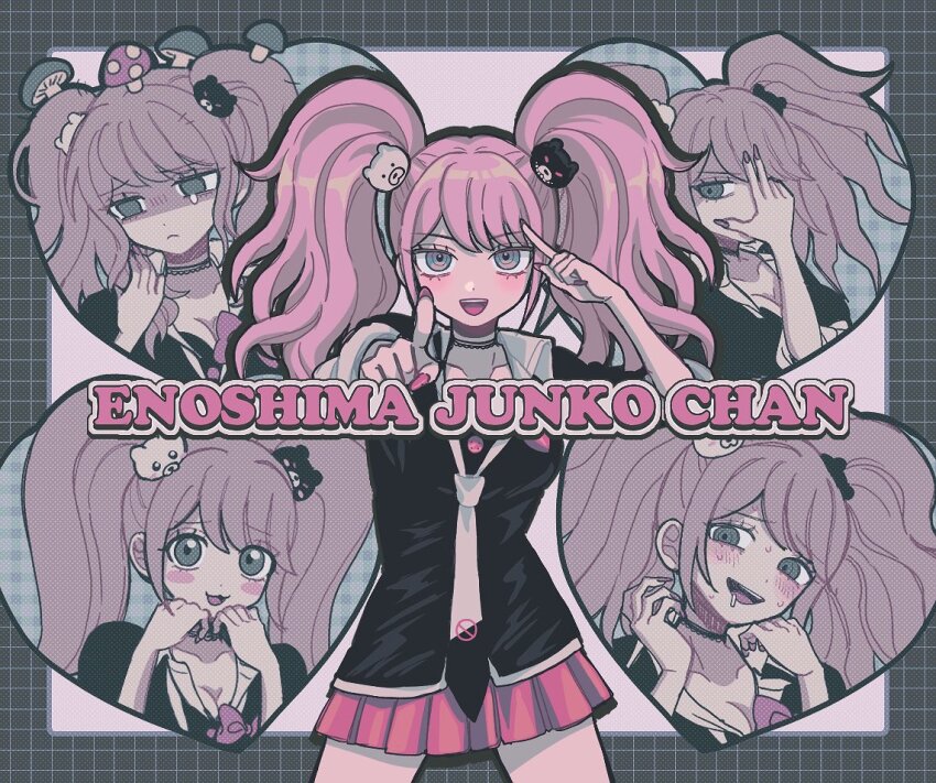 1girl, :d, bear_hair_ornament, black_choker, black_necktie, black_shirt, blush, blush_stickers