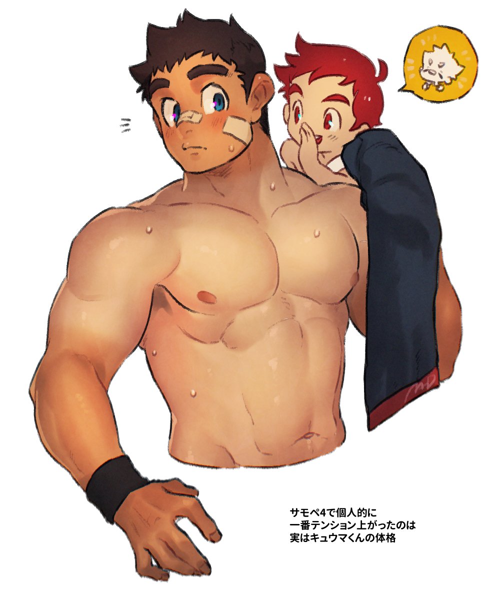 2boys, abs, bandaid, bandaid_on_cheek, bandaid_on_face, bandaid_on_nose, bara, blush