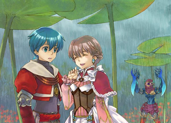 baten_kaitos, blue_hair, claws, cyborg, guillo, jealous, milly, rain, sagi