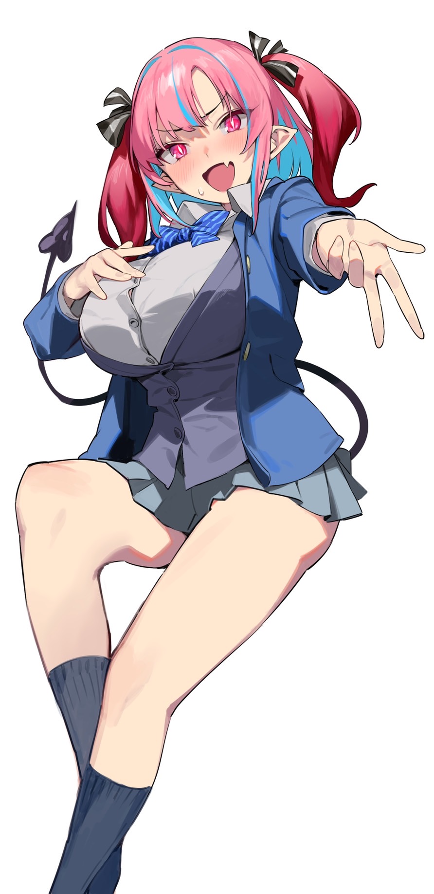 1girl, aqua_hair, black_ribbon, black_tail, blue_bow, blue_bowtie, blue_jacket, blue_socks, blush, bob_cut, bow, bowtie, breasts, collared_shirt, colored_inner_hair, commentary_request, demon_girl, demon_tail, diagonal-striped_bow, diagonal-striped_bowtie, diagonal-striped_clothes, fang, grey_skirt, gyaru_w, hair_horns, hair_ribbon, highres, horns, huge_breasts, inward_w, jacket, kanan-sama_wa_akumade_choroi, kanan_(kanan-sama), knee_up, long_sleeves, looking_at_viewer, multicolored_hair, nonco, official_art, open_clothes, open_jacket, open_mouth, pink_eyes, pink_hair, pleated_skirt, pointy_ears, red_horns, ribbon, school_uniform, second-party_source, shirt, simple_background, sitting, skin_fang, skirt, slit_pupils, smile, socks, solo, streaked_hair, striped_bow, striped_bowtie, striped_clothes, striped_ribbon, sweatdrop, tail, thighs, two-tone_hair, two_side_up, w, white_background