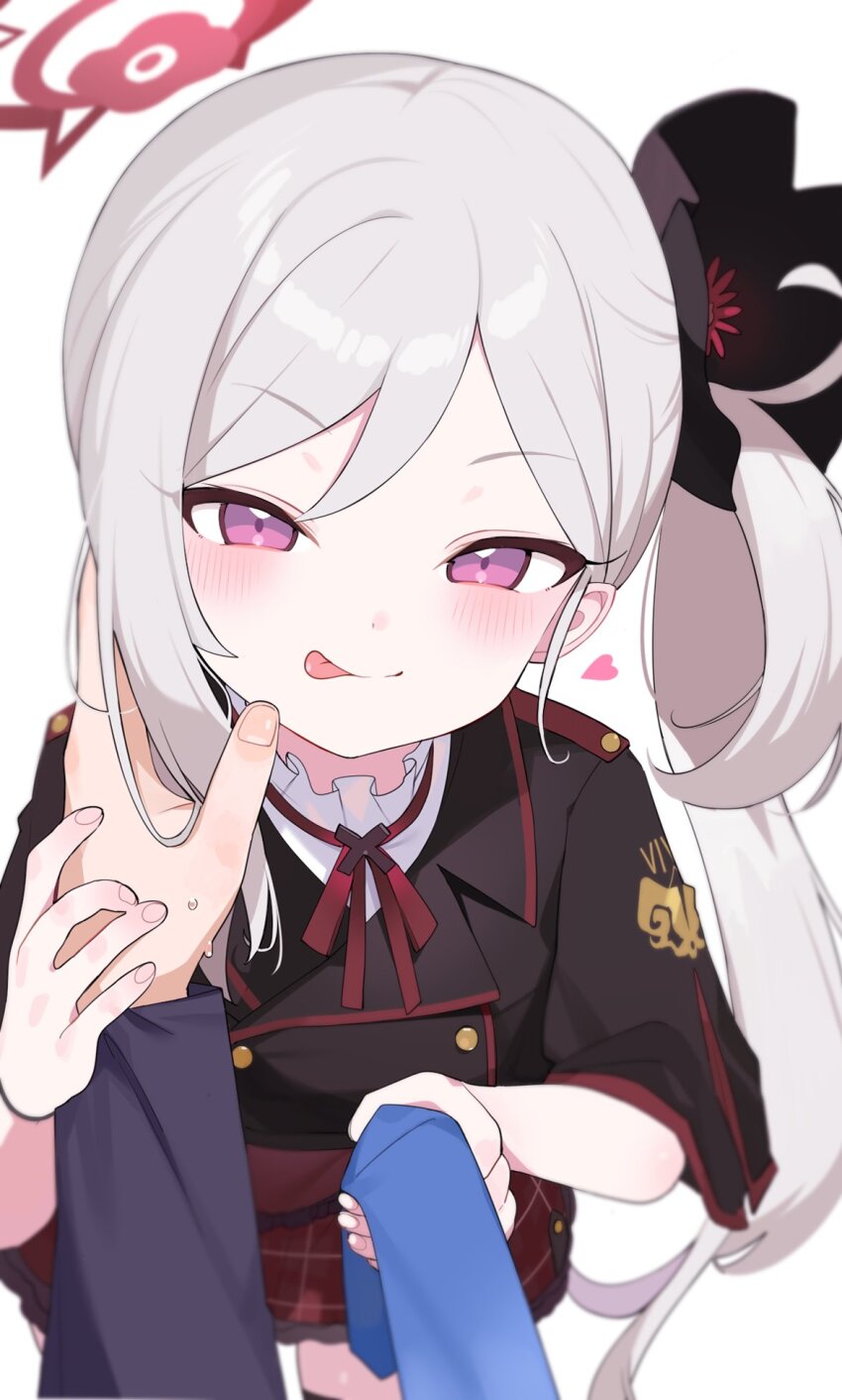 1girl, :p, assertive_female, black_jacket, blue_archive, blush, commentary, fingernails