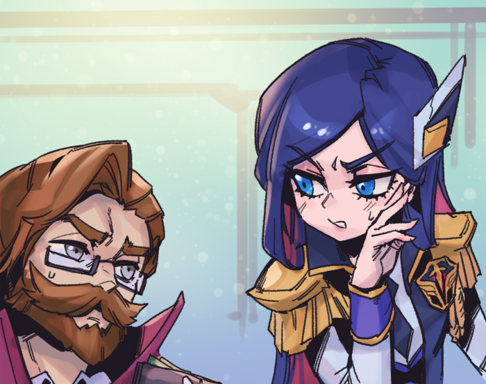 1boy, 1girl, battle_academia_caitlyn, battle_professor_graves, beard, blue_eyes, blue_hair, blush