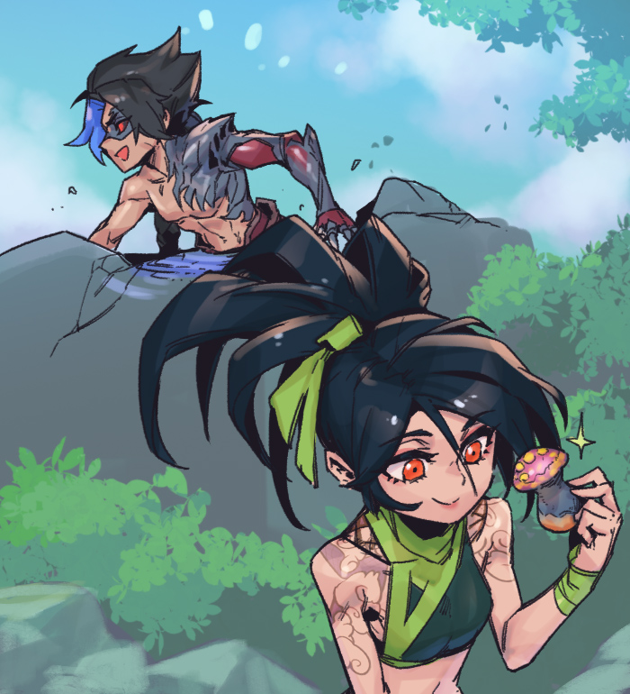 1boy, 1girl, :d, akali, bare_shoulders, black_hair, blue_hair, closed_mouth, crop_top, day, green_ribbon, hair_ribbon, happy, holding, kayn_(league_of_legends), league_of_legends, multicolored_hair, navel, open_mouth, orange_eyes, outdoors, phantom_cross, ponytail, ponytali, ribbon, shoulder_tattoo, single_bare_shoulder, single_shoulder_pad, smile, sparkle, tattoo, two-tone_hair