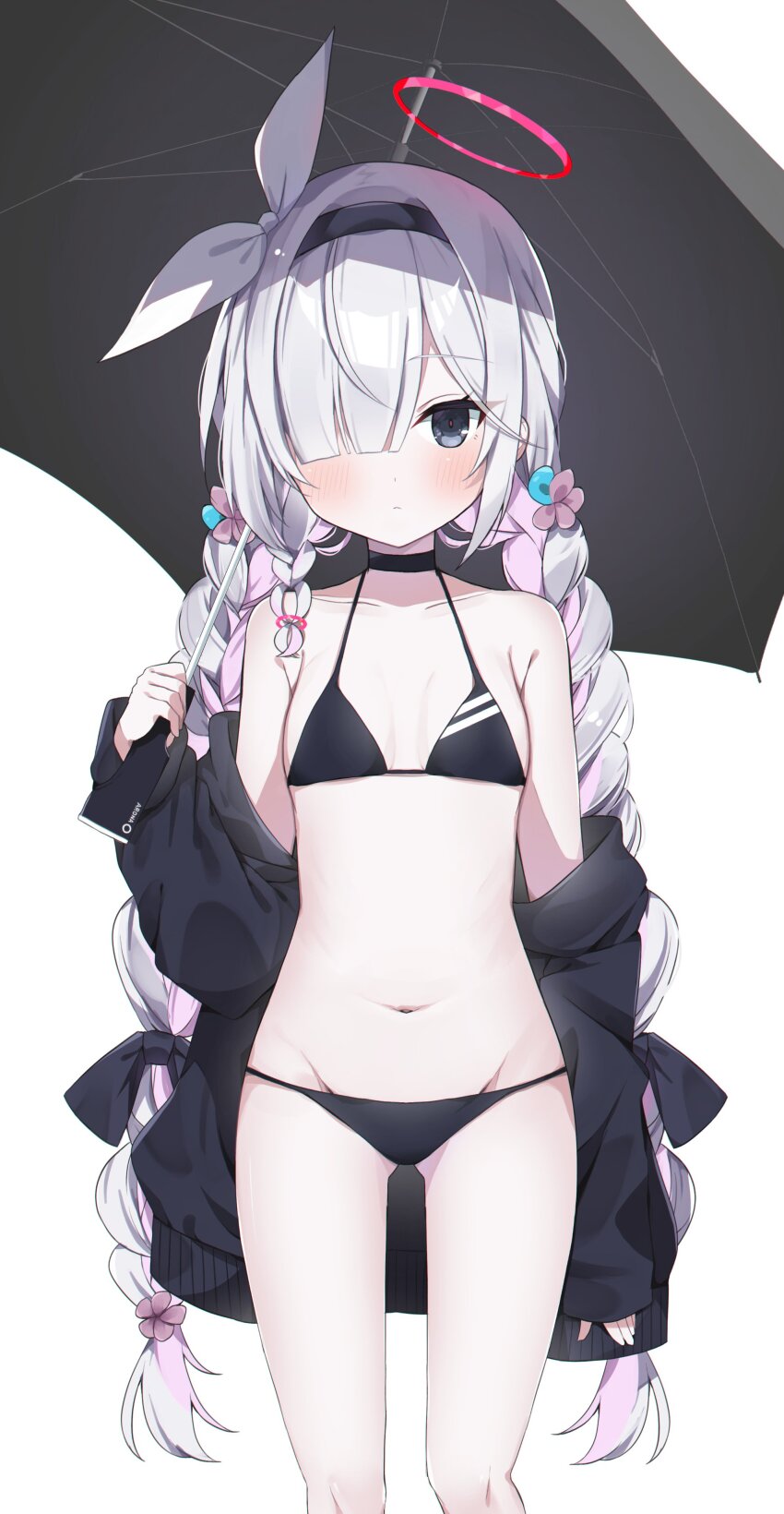 absurdres, alternate_hairstyle, bikini, blue_archive, braid, breasts, collarbone, grey_eyes