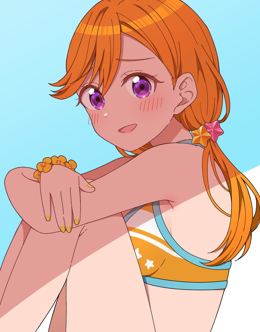 1girl, alternate_hairstyle, bikini, blush, breasts, commentary, embarrassed, flower