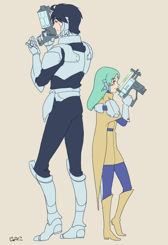 1boy, 1girl, android, armor, black_hair, forren, from_side, furena