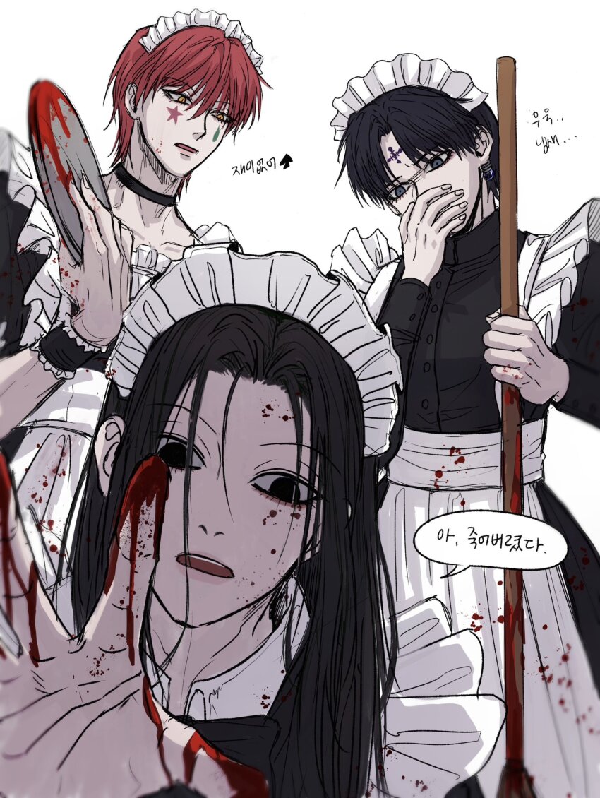 3boys, apron, black_dress, black_hair, blood, blood_on_face, blood_on_hands, blue_eyes