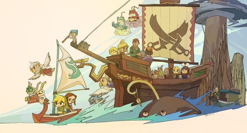5girls, 6+boys, aryll, bandana, beedle, blonde_hair, blue_bandana, cyclos_(zelda)