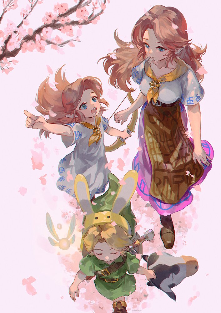 1boy, 2girls, animal_ears, blonde_hair, blue_eyes, boots, bow_(weapon), breasts, brown_footwear, brown_hair, bunny_hood_(zelda), cherry_blossoms, closed_eyes, cow_mask, cremia, dress, fairy, fake_animal_ears, falling_petals, green_tunic, holding, holding_bow_(weapon), holding_mask, holding_weapon, link, long_hair, long_skirt, mask, medium_breasts, multiple_girls, neckerchief, nintendo, parted_bangs, petals, pink_skirt, pointing, pointy_ears, rabbit_ears, rain_rkgk, romani_(zelda), short_hair, short_sleeves, siblings, sidelocks, sisters, skirt, tatl, the_legend_of_zelda, the_legend_of_zelda:_majora's_mask, tunic, weapon, white_dress, yellow_neckerchief, young_link