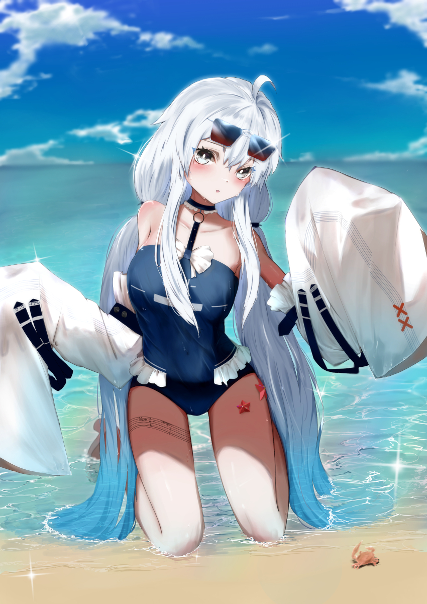 1girl, absurdres, ahoge, bare_legs, bare_shoulders, beach, black_choker, black_one-piece_swimsuit