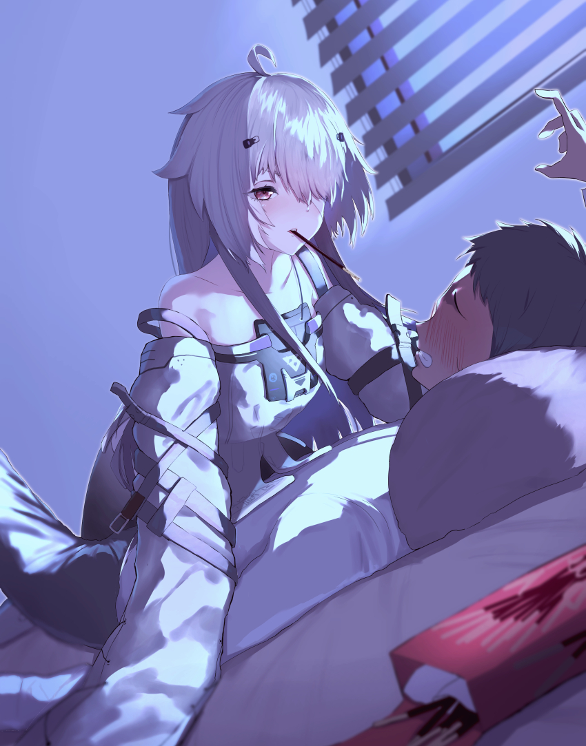 1boy, 1girl, absurdres, ahoge, bandage_over_one_eye, bare_shoulders, blush, brown_eyes, brown_hair, detached_sleeves, dress, food_in_mouth, grey_dress, grey_hair, grey_sleeves, hair_ornament, hairclip, highres, long_hair, no._21:_xxi_(pgr), no._21_(pgr), on_bed, pocky, pocky_in_mouth, punishing:_gray_raven, shirt, short_hair, sidelocks, sleeves_past_fingers, sleeves_past_wrists, suspenders, takashi_san, valentine, white_shirt