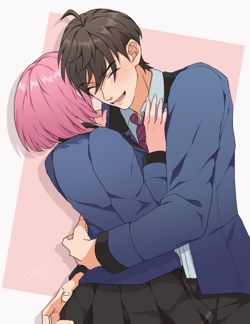 1boy, 1girl, ahoge, black_hair, black_pants, black_skirt, blue_jacket, bob_cut