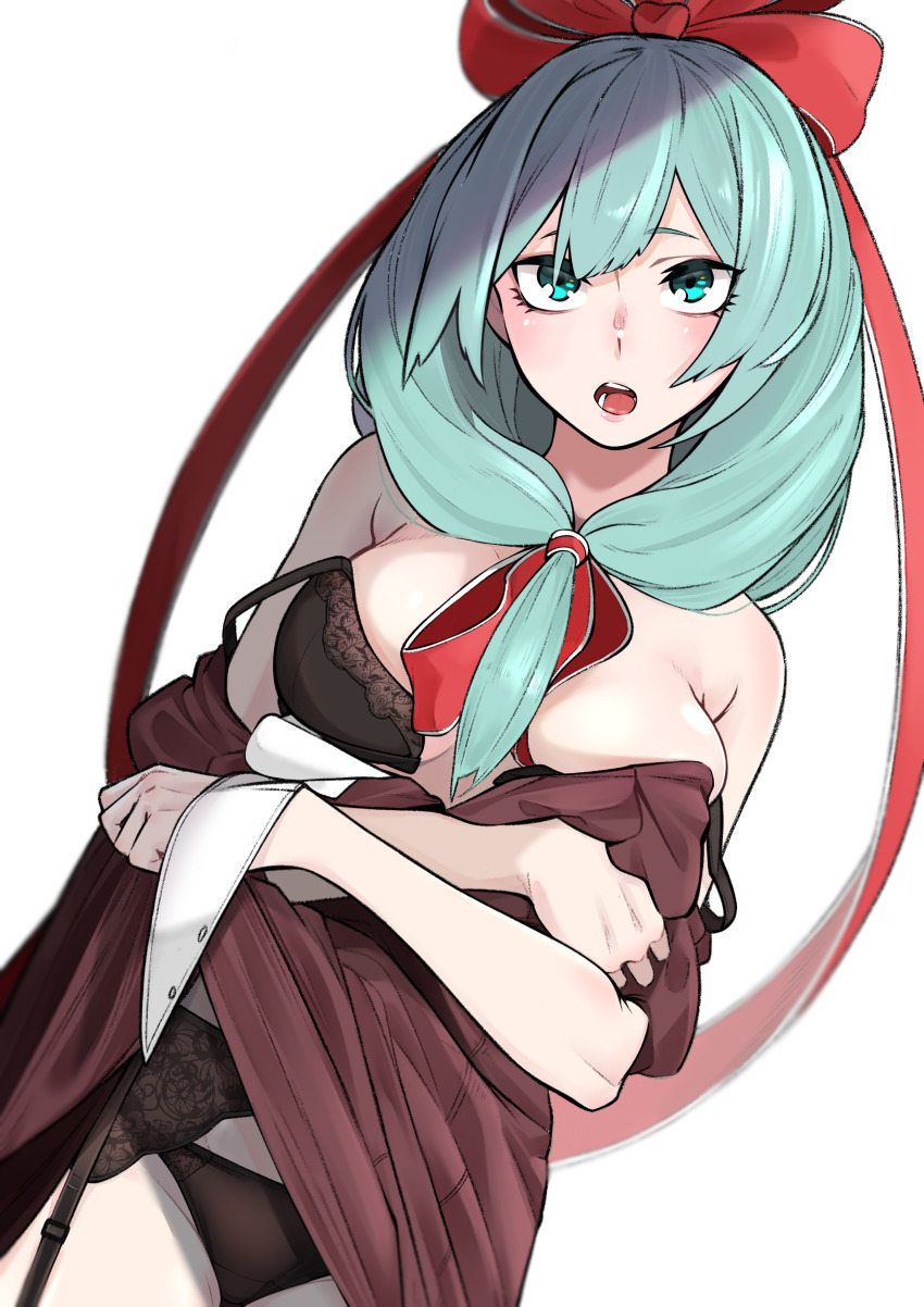 1girl, absurdres, black_bra, black_panties, bow, bra, breasts, brown_dress