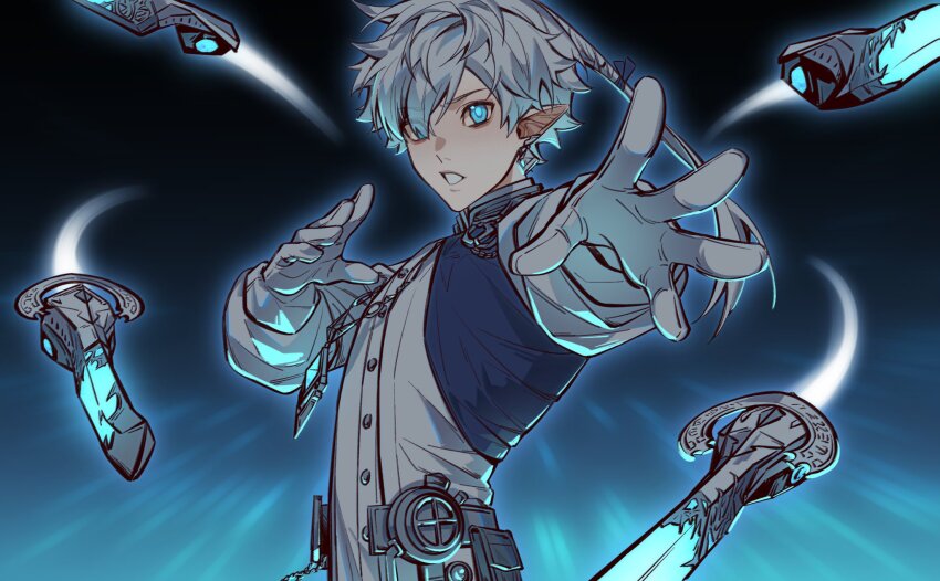 1boy, alphinaud_leveilleur, aqua_eyes, blue_ribbon, blue_vest, earrings, elezen, elf